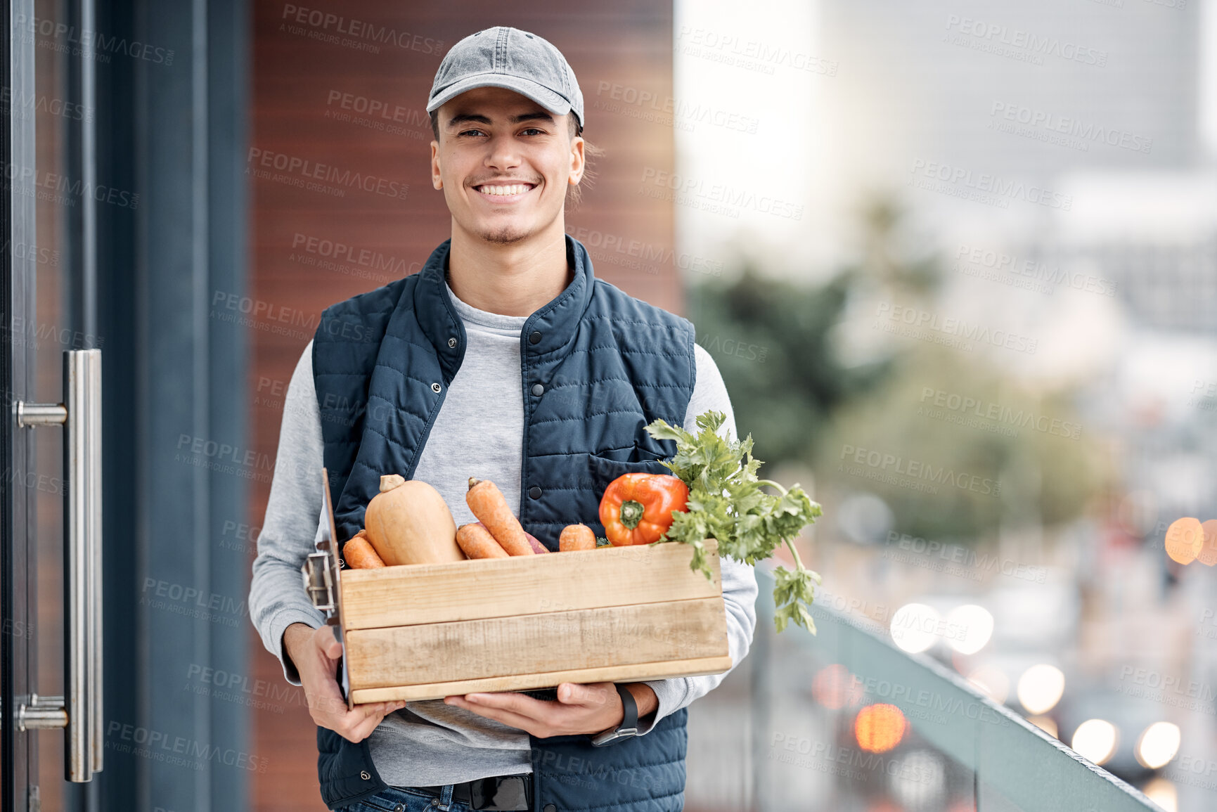 Buy stock photo Happy grocery delivery, courier and man with retail sales product, food shopping or door shipping container. Logistics supply chain, health nutritionist portrait and distribution person with package