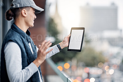 Buy stock photo Wave, mock up or man with video call on tablet in city balcony for communication, networking or virtual assistance. Screen, happy or male on tech in London for speaking, 5g mobile network or talking