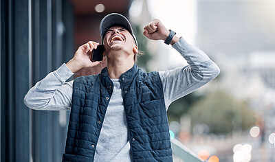 Buy stock photo Winner, phone and man on a balcony celebrating good news with a smile from bonus and promotion. Happiness, yes and mobile call connection of a young person with bokeh celebrate winning or achievement