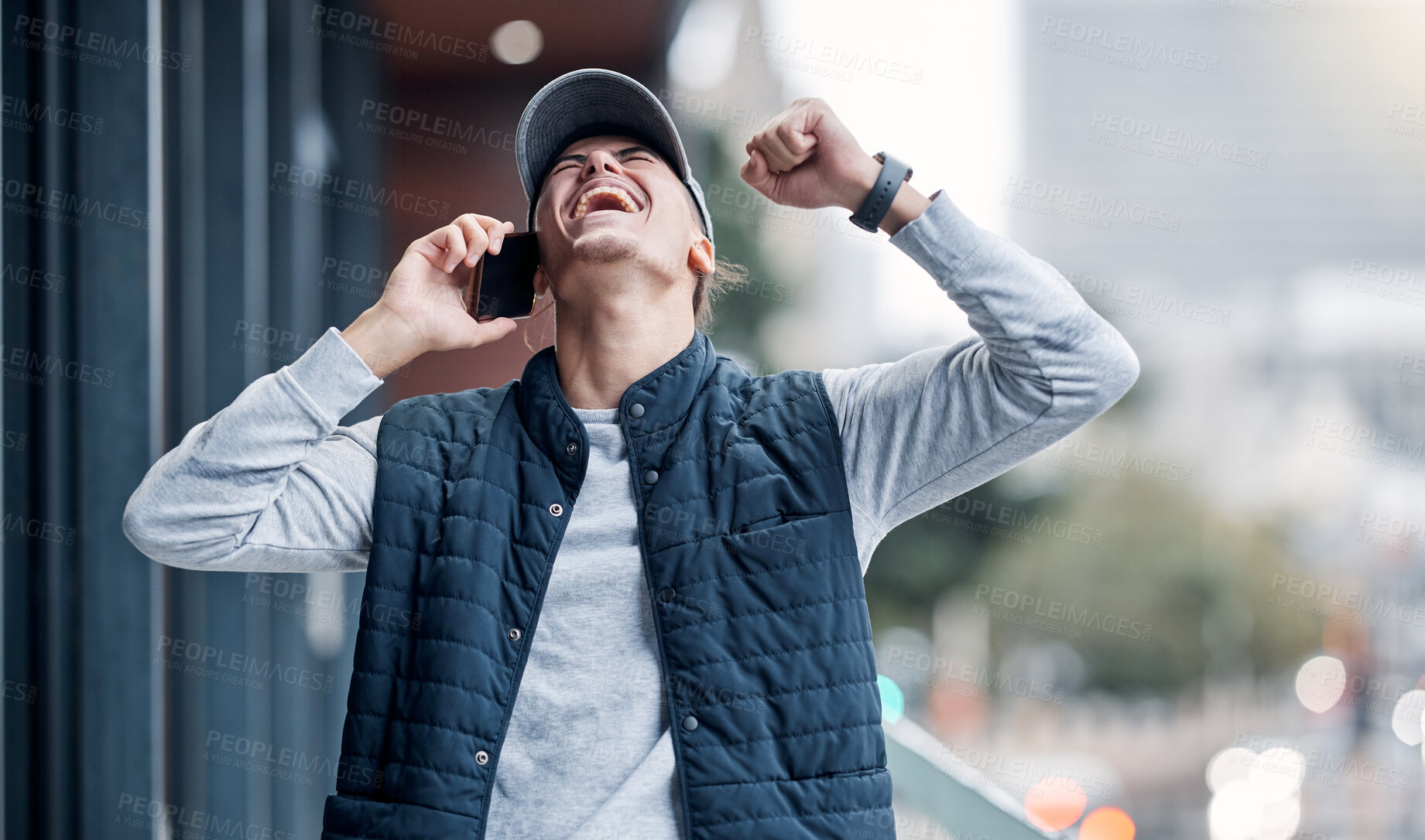 Buy stock photo Winner, phone and man on a balcony celebrating good news with a smile from bonus and promotion. Happiness, yes and mobile call connection of a young person with bokeh celebrate winning or achievement