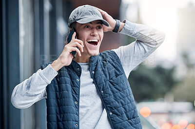 Buy stock photo Winner wow, phone and man on a balcony celebrating good news with a smile from bonus and promotion. Happiness, yes and mobile call connection of a person with winning surprise or achievement