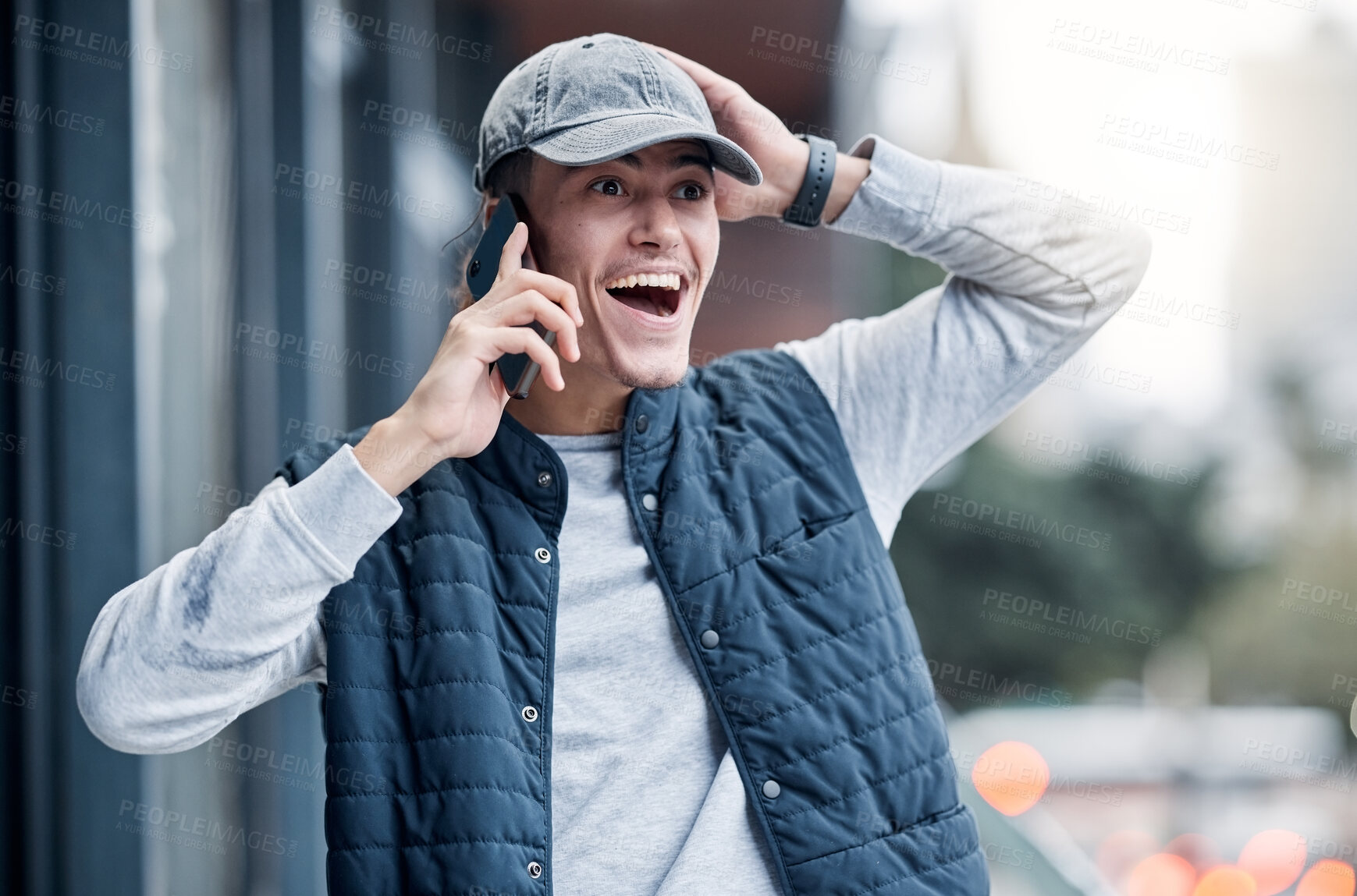 Buy stock photo Winner wow, phone and man on a balcony celebrating good news with a smile from bonus and promotion. Happiness, yes and mobile call connection of a person with winning surprise or achievement