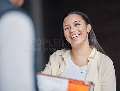 Buy stock photo Happy customer delivery, courier box and man giving retail sales product, shopping stock or shipping container. Logistics supply chain, mail distribution service and person exchange package cargo