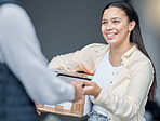 Delivery, signature and woman with a courier and box for logistics, ecommerce and package. Retail, service and man giving a customer product at the door with a tablet for online signing in agreement