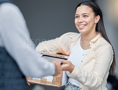 Buy stock photo Delivery, signature and woman with a courier and box for logistics, ecommerce and package. Retail, service and man giving a customer product at the door with a tablet for online signing in agreement