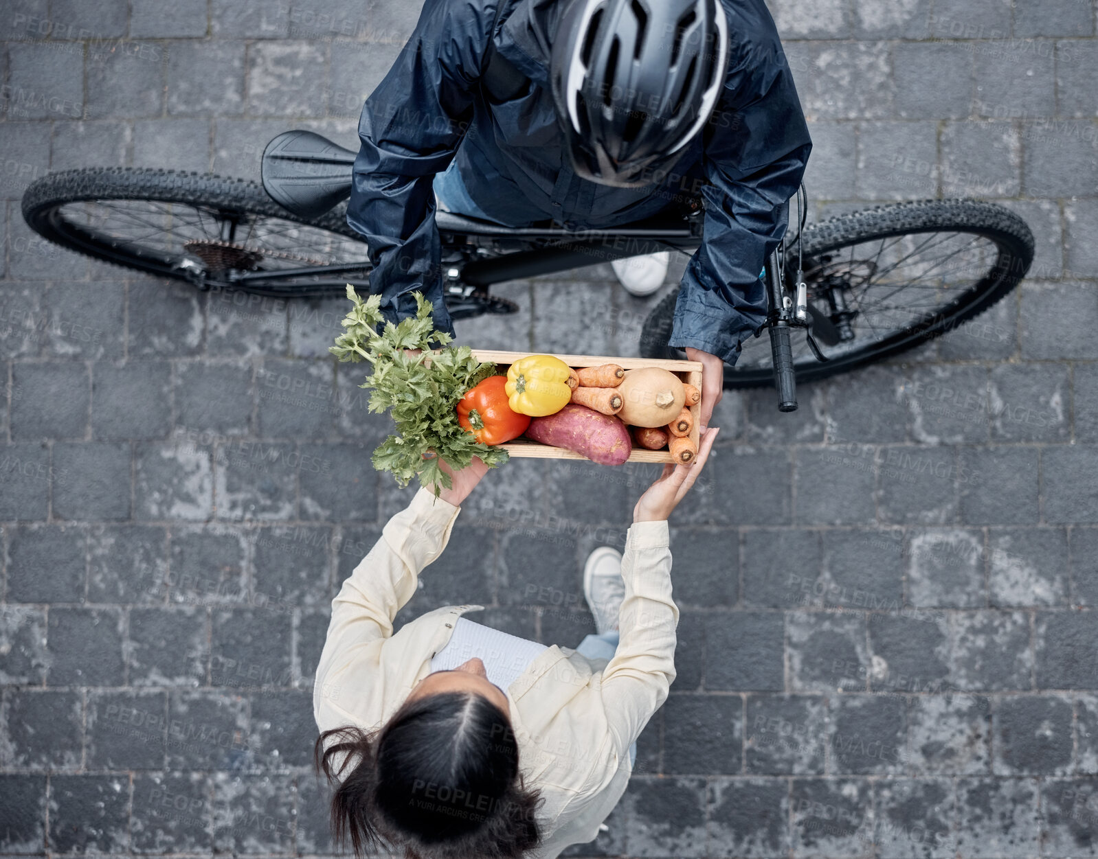 Buy stock photo Grocery delivery, courier and cycling man with retail sales product, shopping nutritionist or food shipping container. Logistics supply chain, customer top view and distribution person with bicycle