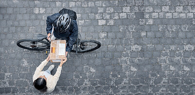 Buy stock photo Bicycle courier, woman with box from above and package from online shopping website standing in road. Logistics, delivery and bike driver with parcel and eco friendly transport for customer in street