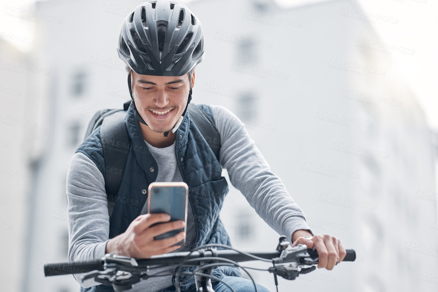 Buy stock photo Search, bike or man travel with phone in London city, street or road for GPS, location or networking outdoor. Smile, happy or male smile with smartphone or communication, social media or 5g network