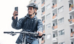 Travel, bike or man with 5g phone in London city, street or road for GPS, location or networking outdoor. Planning, delivery or male smile with smartphone or communication, search or social network