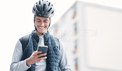 Buy stock photo Happy, bike delivery or man with phone in London city, street or road for GPS, location or networking outdoor. Smile, travel or male with 5g smartphone or communication, social media or 5g network