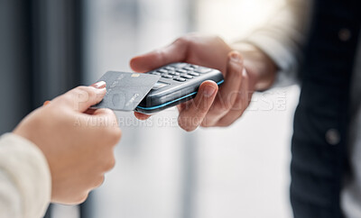 Buy stock photo Debit card, pos payment and hands of people, woman or courier delivery man with retail sale machine. Logistics supply chain, shipping distribution or shopping customer with financial fintech purchase