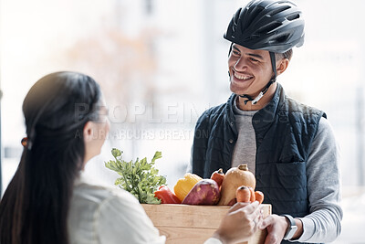 Buy stock photo Grocery customer, courier delivery and man with retail sales product, food shopping or front door shipping container. Logistics supply chain, health nutritionist and distribution person with package