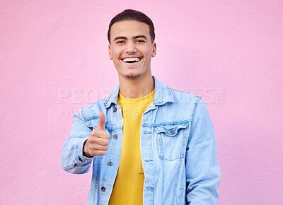 Buy stock photo Thumbs up, motivation and portrait of a man with a thank you isolated on a pink background in studio. Success, win and person with a hand sign for support, trust and emoji icon for agreement