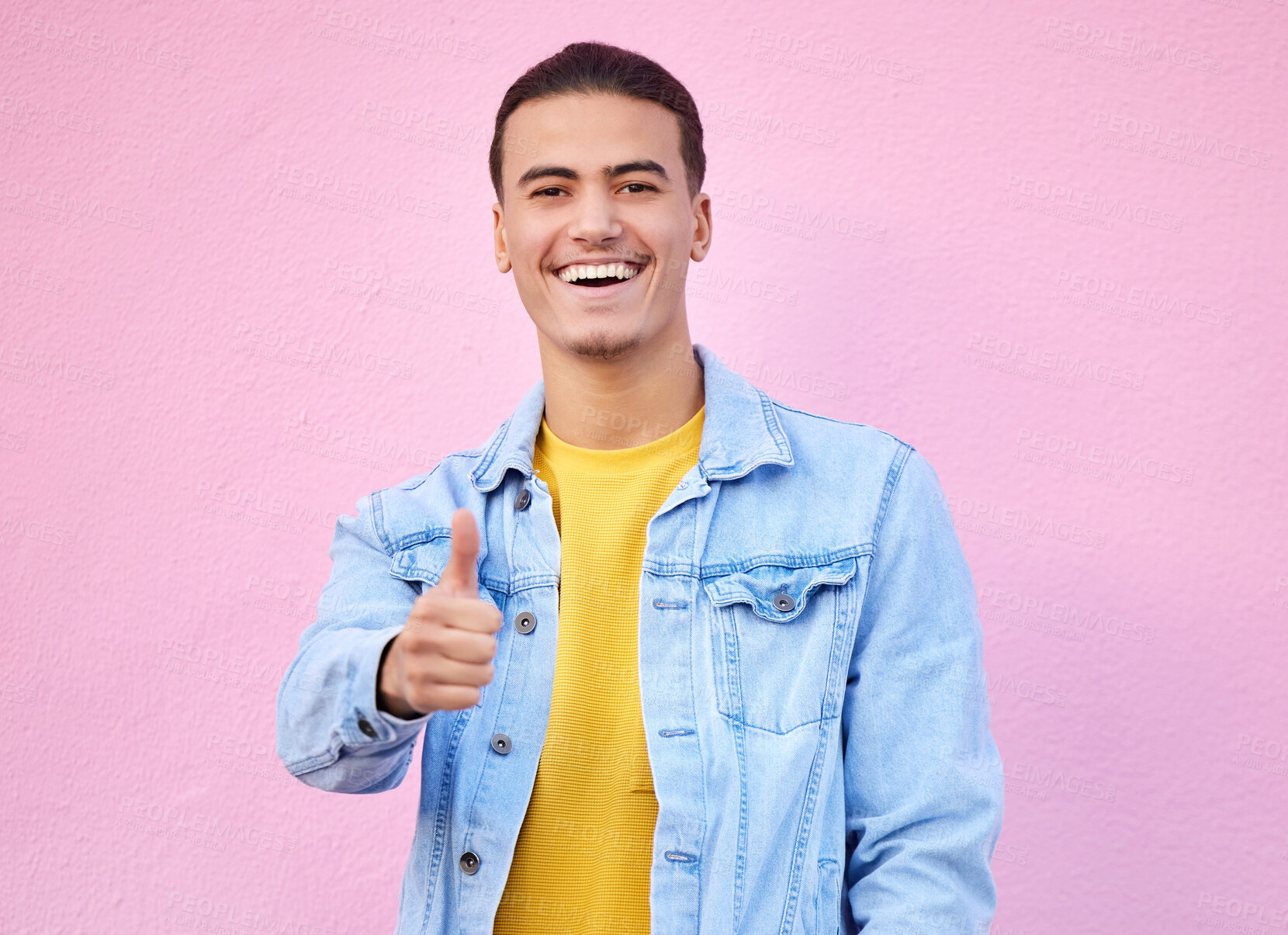 Buy stock photo Thumbs up, motivation and portrait of a man with a thank you isolated on a pink background in studio. Success, win and person with a hand sign for support, trust and emoji icon for agreement