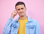 Confusion, portrait and man with casual outfit, doubt and wonder for future, thinking and mockup on studio background. Face, thoughtful male and gentleman with doubt, contemplation and unsure 