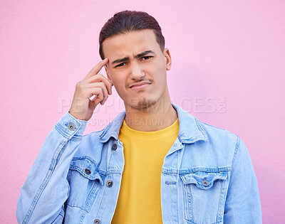 Confusion, portrait and man with casual outfit, doubt and wonder for  future, thinking and mockup on studio background. Face, thoughtful male and  gentleman with doubt, contemplation and unsure | Buy Stock Photo