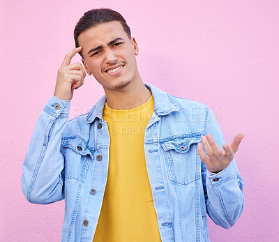 Buy stock photo Confused, question and portrait of a man thinking isolated on a pink background in studio. Doubt, idea and face of a person with a solution, difficult decision and thoughts of a choice on a backdrop