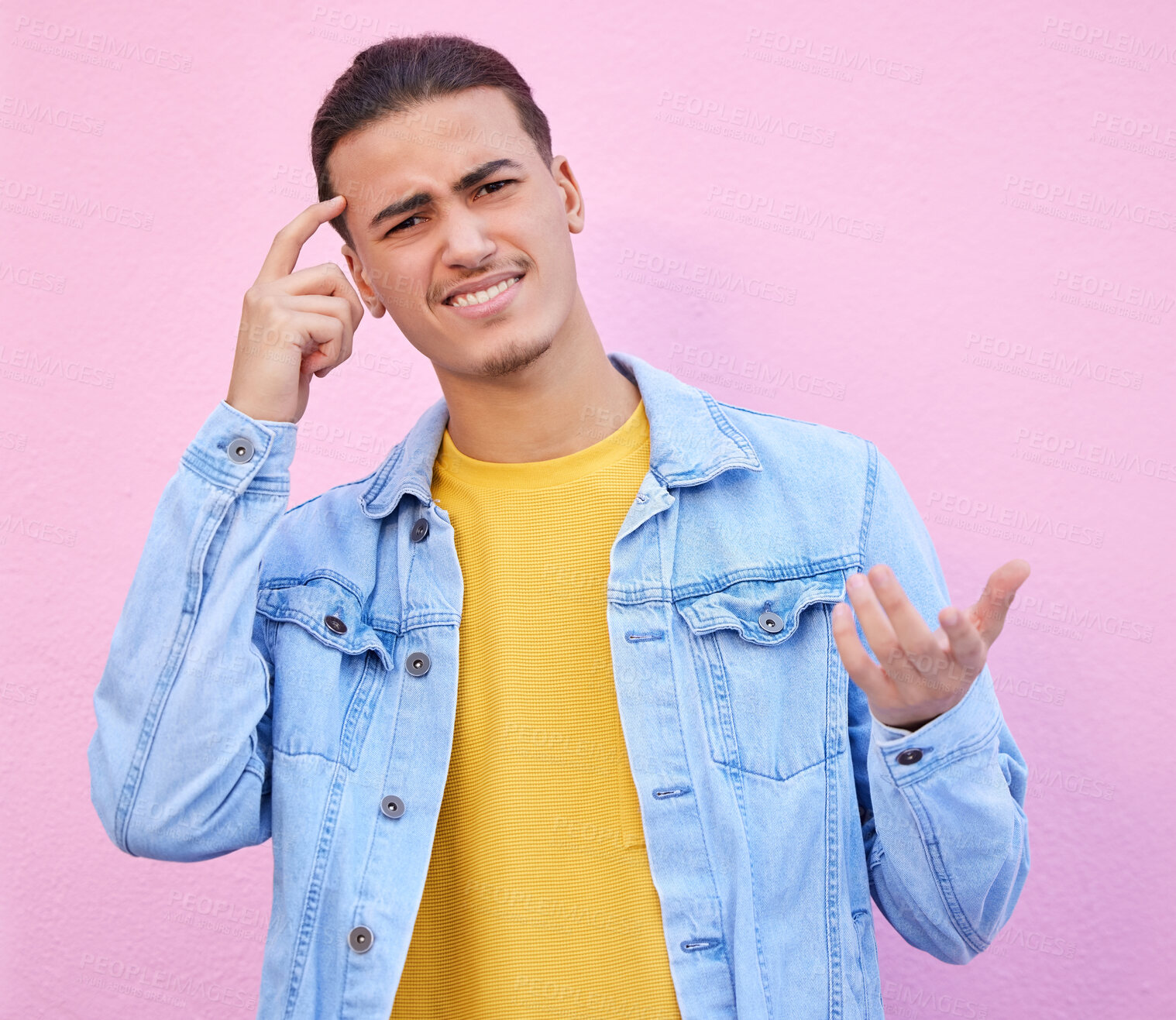 Buy stock photo Confused, question and portrait of a man thinking isolated on a pink background in studio. Doubt, idea and face of a person with a solution, difficult decision and thoughts of a choice on a backdrop