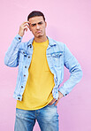 Portrait, thinking and man scratching his head confused, wondering and isolated in a studio pink background. Male, model and person sad, frustration and question by guy with hand on head