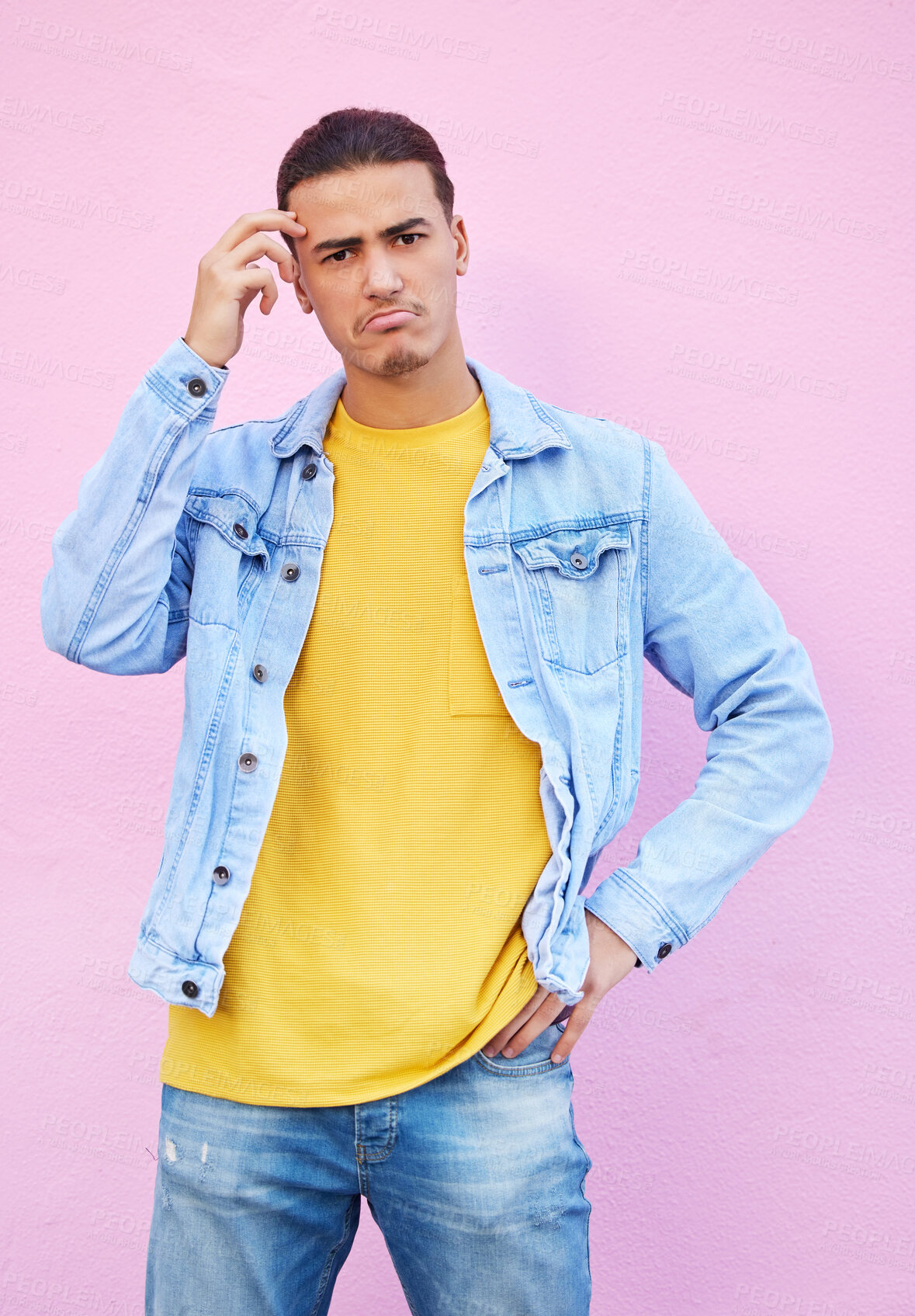 Buy stock photo Portrait, thinking and man scratching his head confused, wondering and isolated in a studio pink background. Male, model and person sad, frustration and question by guy with hand on head