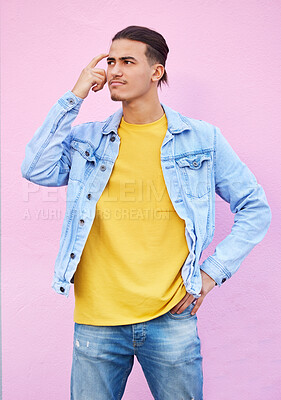 Buy stock photo Future, wall and man with doubt, thinking and unsure with wonder, fantasy and thoughtful on studio background. Male, gentleman or guy with decision, confusion and ideas with contemplating on backdrop