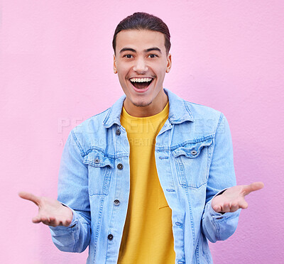 Man, portrait and wall with open hands, smile and excited wow for fashion, vision and success in city. Young gen z student, trendy clothes and surprise with happiness by pink background in metro