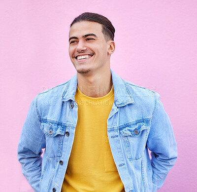 Buy stock photo Thinking, man and smile on pink background for happy ideas, mindset or fashion color on studio wall. Inspiration, happiness and male model smile for brainstorming, mockup or remember memory of vision