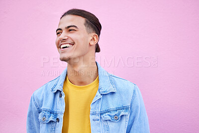 Buy stock photo Student man, happy and fashion by background with smile, motivation or lifestyle with vision. Young gen z guy, excited and dream for future with goals, happiness and edgy clothes by pink wall in city