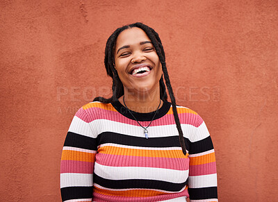 Buy stock photo Portrait, black woman and happiness on wall, casual outfit and freedom with laugh, trendy and smile. Face, Jamaican female and happy lady with trendy, relax and cool on break, adventure and cheerful