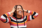 Wall, black woman and thinking with joy, laughing and freedom with happiness, future and imagination. Jamaican, happy female and lady with smile, wonder and freedom on backdrop, trendy and fashion