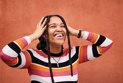Buy stock photo Wall, black woman and thinking with joy, laughing and freedom with happiness, future and imagination. Jamaican, happy female and lady with smile, wonder and freedom on backdrop, trendy and fashion