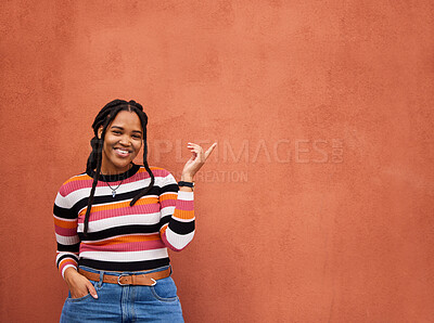 Buy stock photo Mockup, portrait or black woman with marketing, logo or branding space on orange wall background. Product placement or happy African girl advertising discount, sales offer or promotion announcement