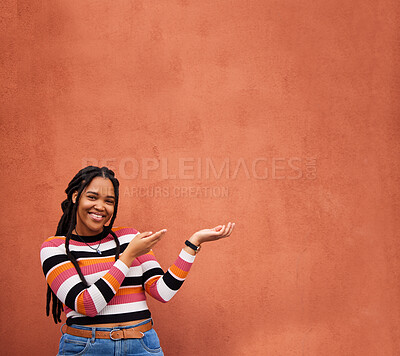 Buy stock photo Mockup, portrait or happy black woman with marketing, product placement or branding space on wall background. African gen z girl advertising discount deal news, sales offer or promotion announcement