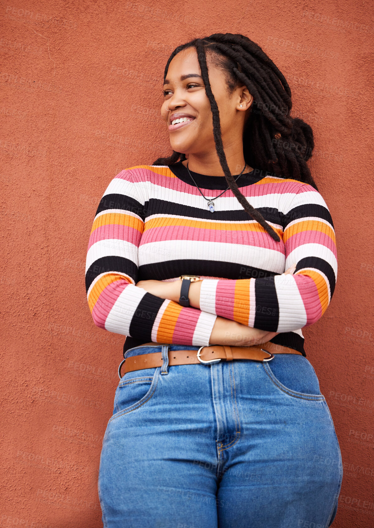 Buy stock photo Mockup, relax and black woman proud on orange wall background for advertising, space and marketing. Happy, smile and girl in good mood, positive and mindset isolated on product placement in studio