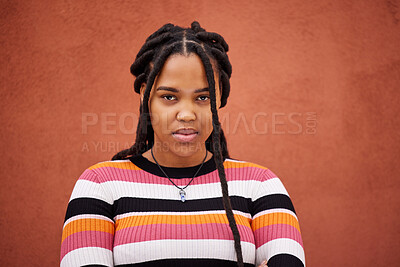 Buy stock photo Portrait, wall and black woman with frustration, anger and upset on brown studio background. Face, African American female and lady angry, stress and depression with frustrated facial expression