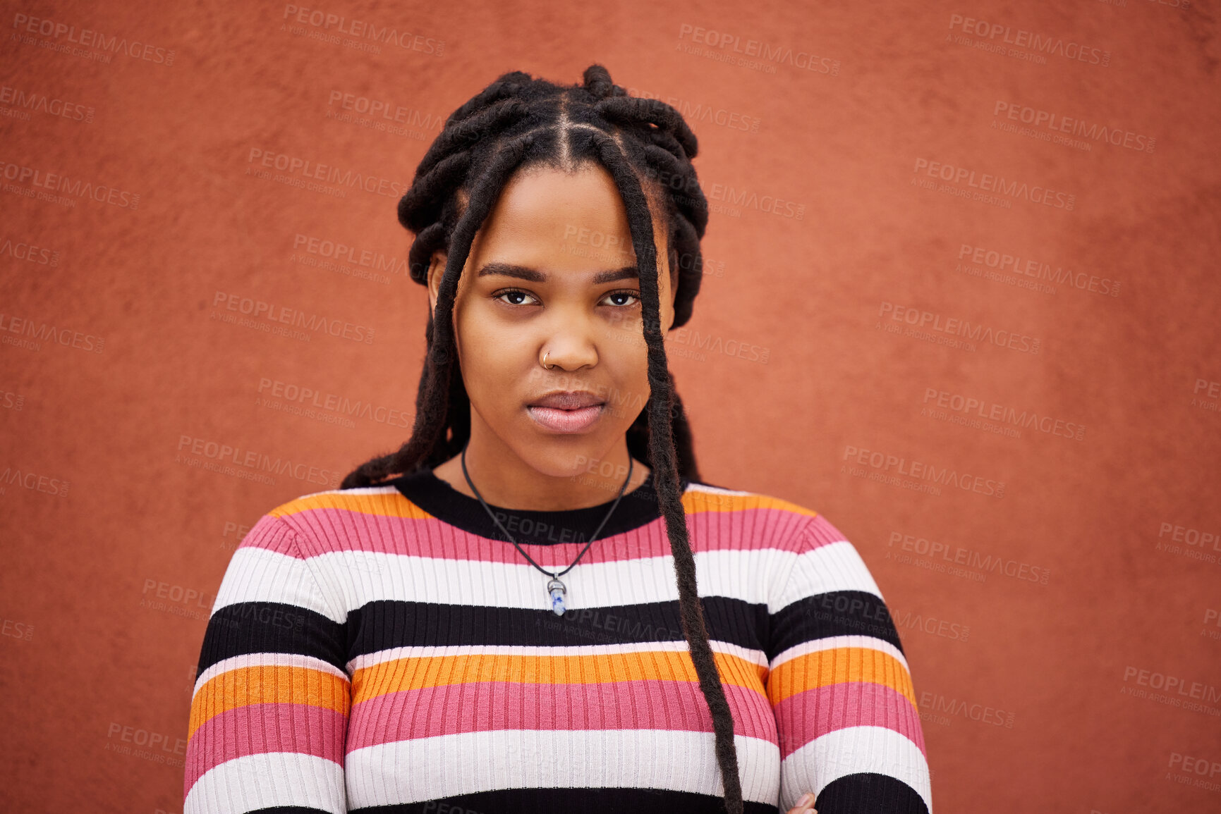 Buy stock photo Portrait, wall and black woman with frustration, anger and upset on brown studio background. Face, African American female and lady angry, stress and depression with frustrated facial expression