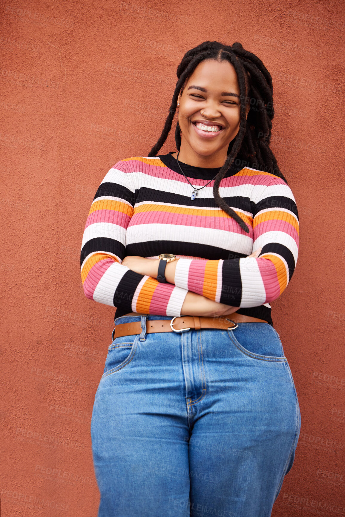 Buy stock photo Portrait, proud and black woman on mockup in studio, happy, relax and smile on orange background. Face, confident and girl in positive, mindset and good mood on wall, advertising or product placement