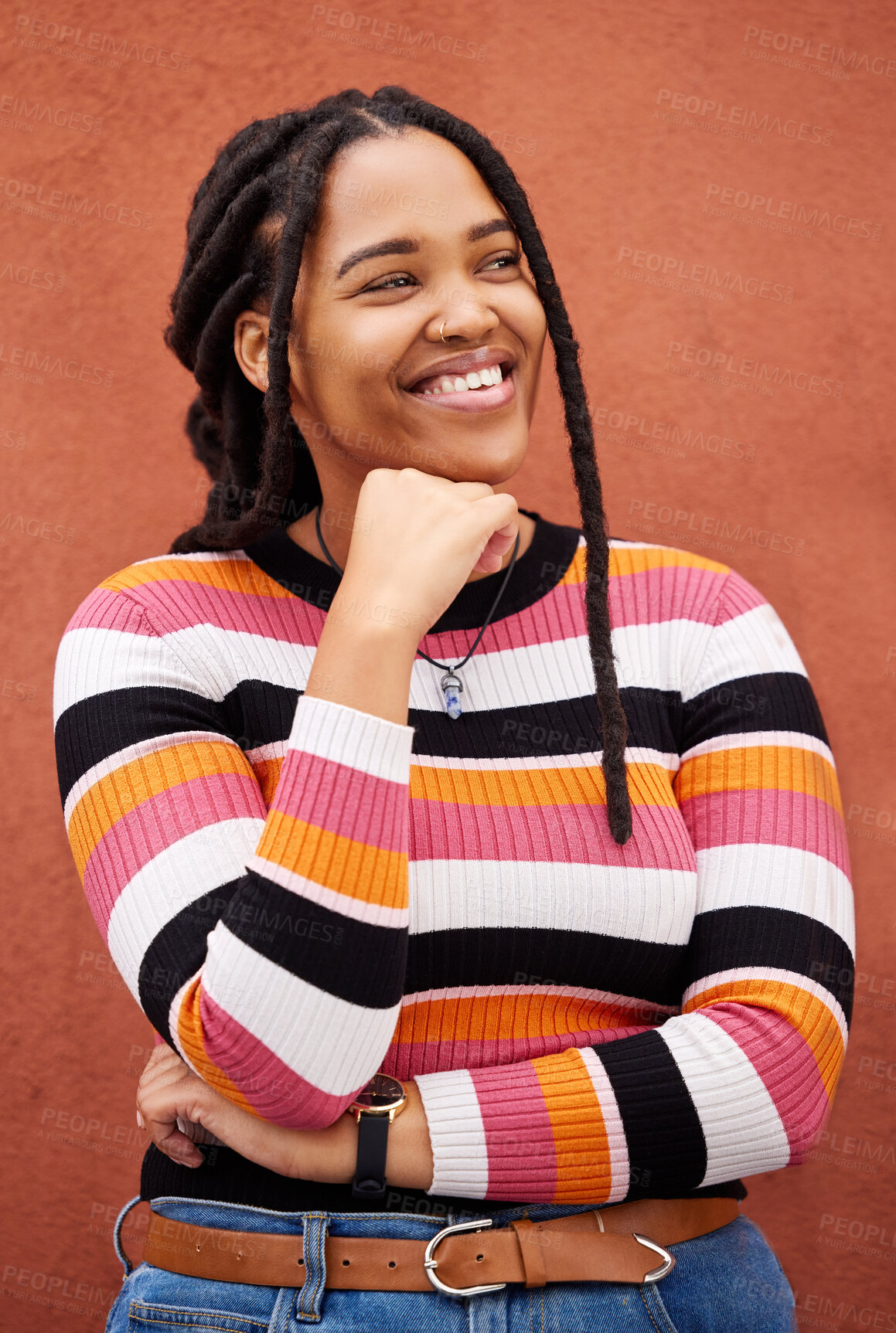 Buy stock photo Thinking, vision and black woman with idea for empowerment, confident and contemplation on orange wall background. Contemplating, emoji and pensive girl in studio, happy or smile on product placement