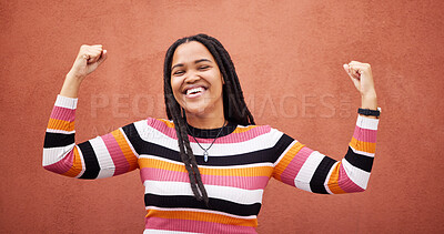 Buy stock photo Celebration, happy and woman by a wall in the city on a walk while on a holiday or weekend trip. Happiness, smile and African female celebrating with freedom in urban town on a vacation or adventure.