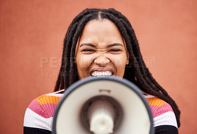 Buy stock photo Megaphone, speaker or loud black woman protest with speech announcement for politics, equality or human rights. Feminist screaming, revolution or gen z girl shouting for justice on wall background