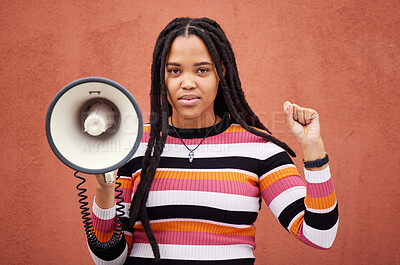 Buy stock photo Megaphone, portrait or black woman protest with speech announcement for politics, equality or human rights. Feminist leader, revolution or gen z girl with sound device for justice on wall background