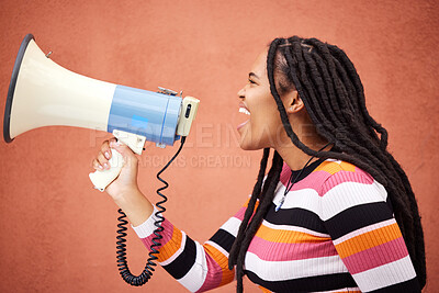 Buy stock photo Megaphone, protest or angry black woman with speech announcement for politics, equality or human rights. Young feminist leader, stop or loud gen z girl shouting for justice or help on wall background