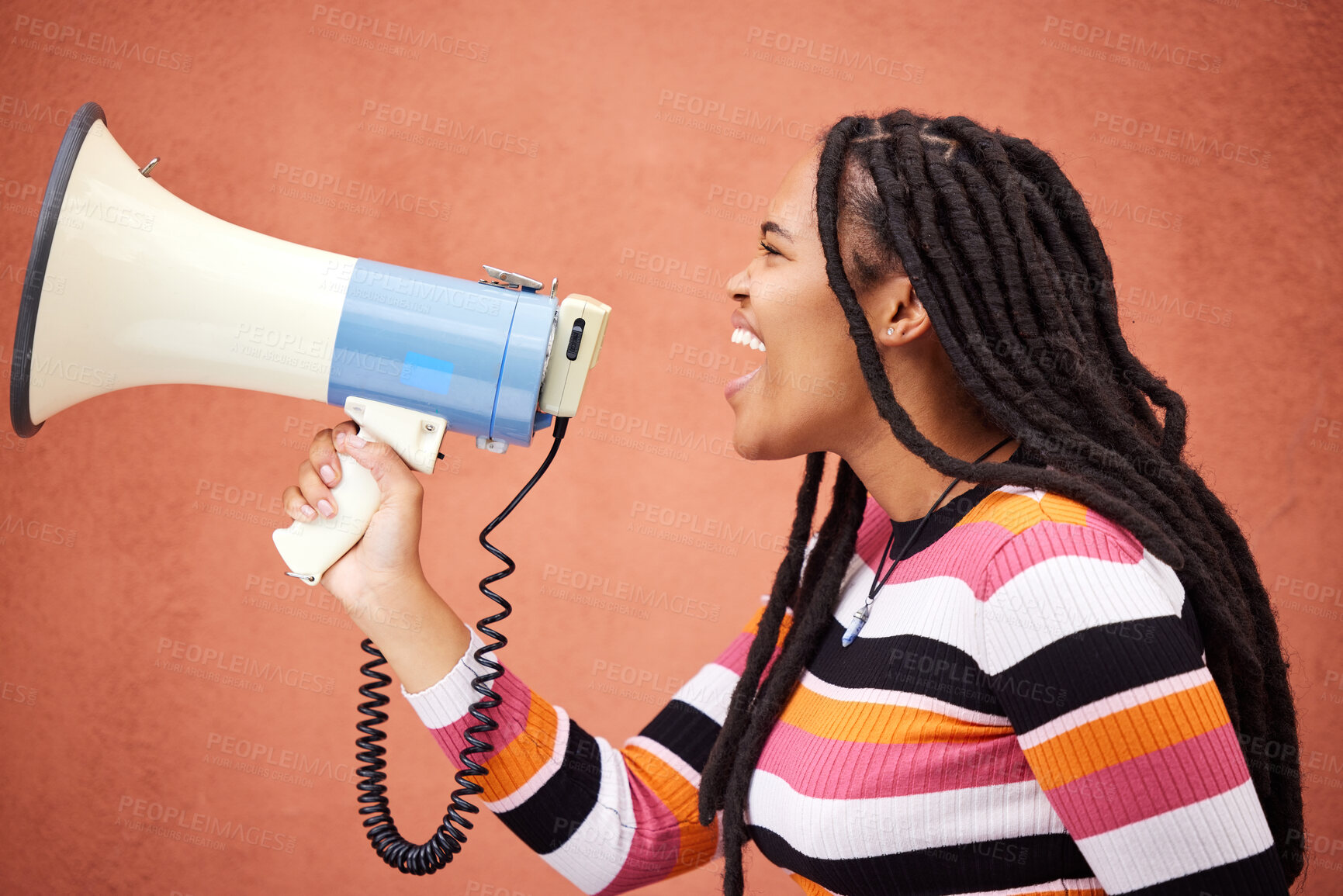 Buy stock photo Megaphone, protest or angry black woman with speech announcement for politics, equality or human rights. Young feminist leader, stop or loud gen z girl shouting for justice or help on wall background