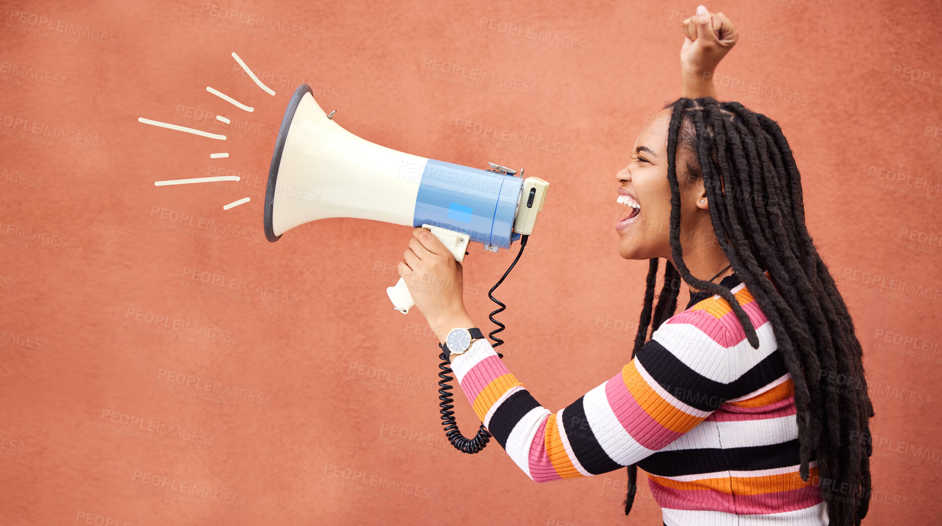 Buy stock photo Megaphone, anger or black woman in protest with speech announcement for politics, equality or human rights. Young feminist leader, fighting or angry gen z girl shouting for justice on wall background