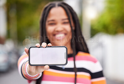 Buy stock photo Mockup screen, phone or black woman with marketing advertising or product placement digital space. Blurred, smile or happy gen z girl on social media, website or internet for content branding review