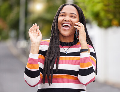 Buy stock photo Black woman, phone call and laughing in city, happiness and conversation of outdoor travel. Happy urban female talking on mobile, communication or smartphone technology of funny networking connection