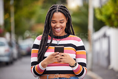 Buy stock photo Black woman with smartphone in city, happy outdoor with technology, chat and communication, travel and fashion. Social media, urban street and adventure with happiness, connectivity and 5g in Jamaica