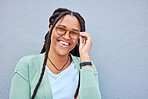 Smile, portrait and black woman on mockup, happy and confident on grey wall background, cheerful and carefree. Face, space and girl relax on copy space for advertising, product placement and isolated