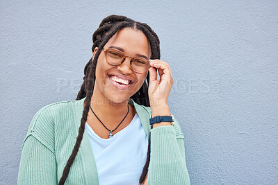 Buy stock photo Smile, portrait and black woman on mockup, happy and confident on grey wall background, cheerful and carefree. Face, space and girl relax on copy space for advertising, product placement and isolated