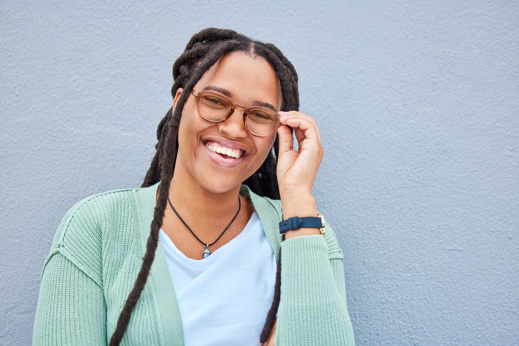 Buy stock photo Smile, portrait and black woman on mockup, happy and confident on grey wall background, cheerful and carefree. Face, space and girl relax on copy space for advertising, product placement and isolated